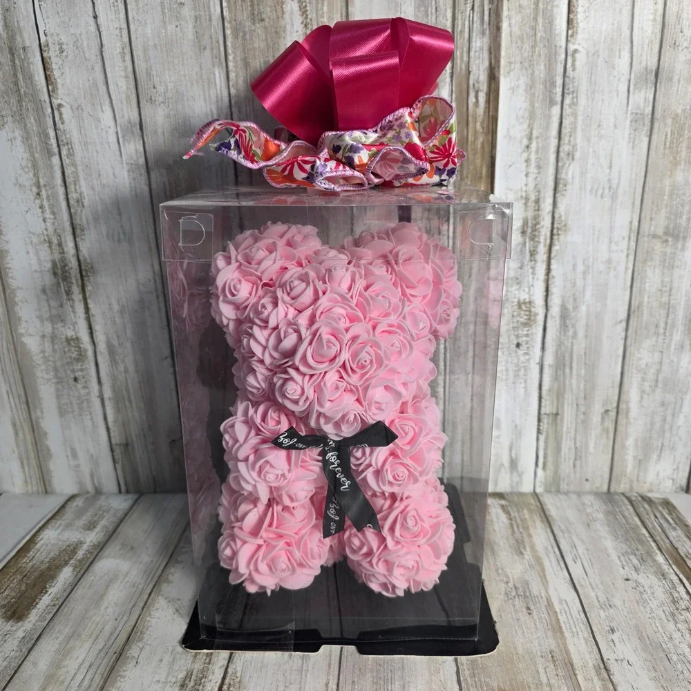 Pink Rose Bear Artificial Flower Teddy Bear in Gift Box 10 Inch Romantic Gift